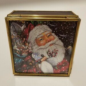 Via Vermont Glass Santa Trinket Box 1994 Christmas Jewelry Box  Vintage Santa